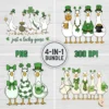 Bundle of 4 St. Patrick's Day goose illustrations including Coquette Bows, Leprechauns, Marching Parade, and Cupid Geese for sublimation printing.