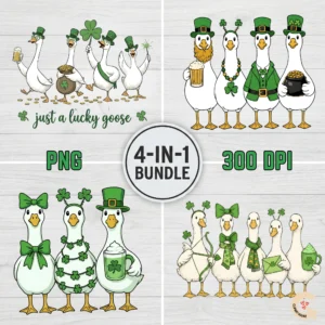 Bundle of 4 St. Patrick's Day goose illustrations including Coquette Bows, Leprechauns, Marching Parade, and Cupid Geese for sublimation printing.