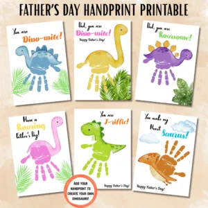 Full bundle of 6 Dinosaur Handprint Art Father's Day printable cards including T-Rex, Stegosaurus, and Brontosaurus designs.