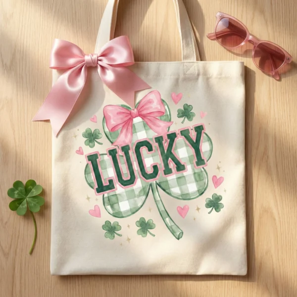 A cream canvas tote bag with a pink coquette bow and lucky checkered shamrock design on a wooden table.