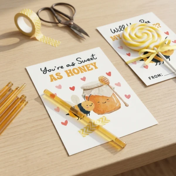 Stack of printed bumblebee valentine cards tied with twine ready for school classroom exchange.