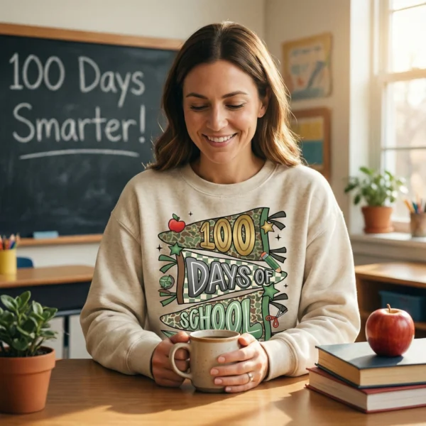 Folded green t-shirt with camo 100 days of school pennant PNG design, surrounded by pencils scissors and eucalyptus
