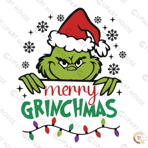 Traditional Peeking Grinch Face SVG with Red Santa Hat and Merry Grinchmas text.