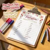 Valentine word scramble activity for kids on clipboard with colorful crayons and markers in a classroom.