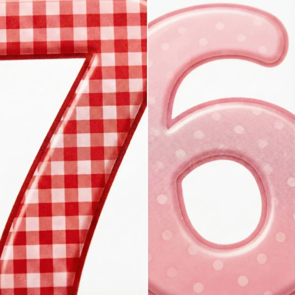 Close up detail of high resolution print quality showing red plaid 7 texture and pink 3D 6 number design.