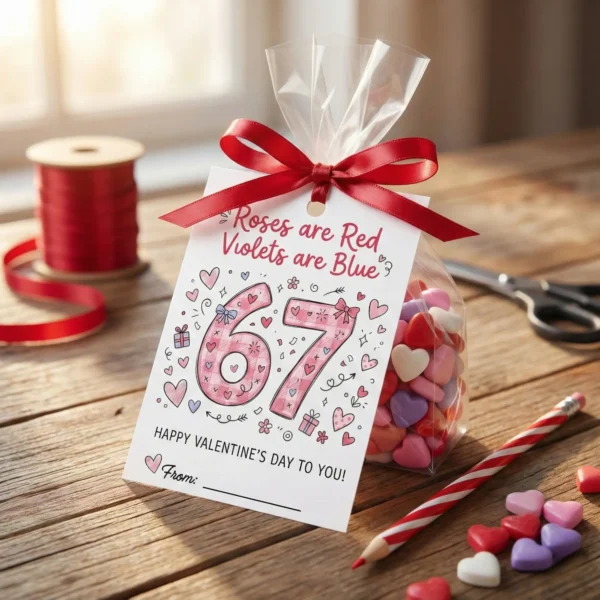 DIY gift idea using printable 67 slang valentine card as a gift tag tied with red ribbon to a bag of heart candies.