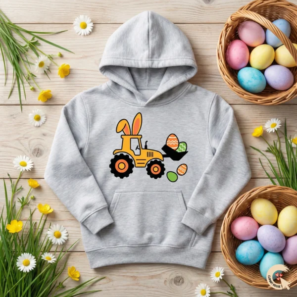 Yellow Tractor with Bunny Ears Easter SVG on grey kids' hoodie with Easter eggs and flowers.