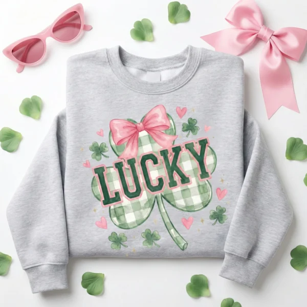 Flat lay of a grey sweatshirt with a lucky checkered clover design, surrounded by pink sunglasses and ribbon props.