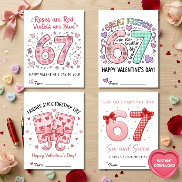Flat lay of four printable 67 Valentine's Day cards designs with pink numbers and plaid text for funny kids classroom exchange.