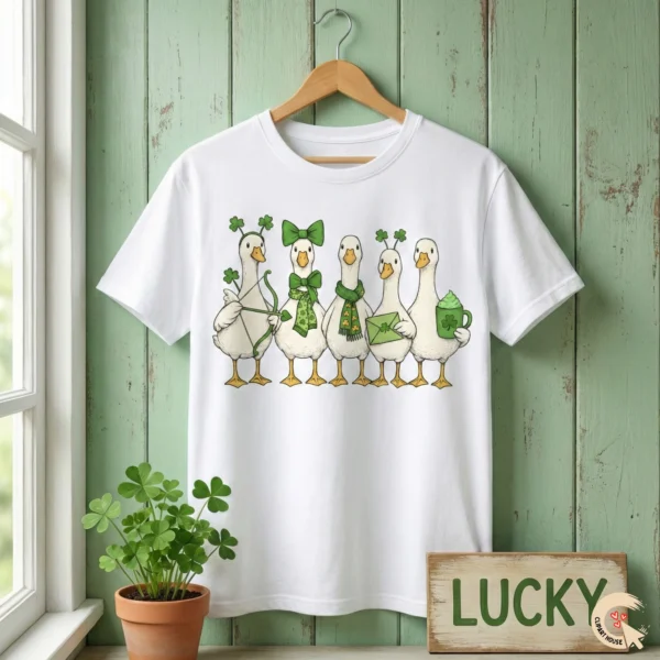 White t-shirt mockup displaying five silly geese wearing green bows and holding love arrows for St. Patrick's Day sublimation design.