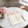 Galentine's Day party game setup with rose wine glass and pink flowers on marble table.