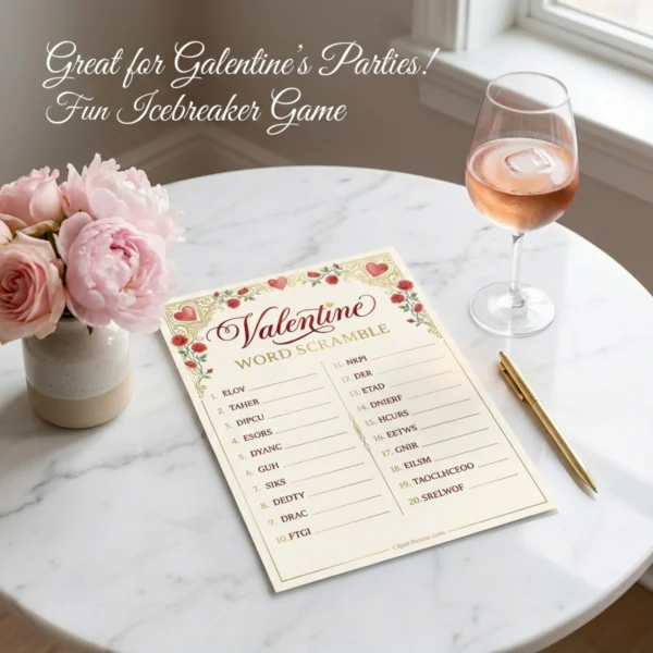 Galentine's Day party game setup with rose wine glass and pink flowers on marble table.