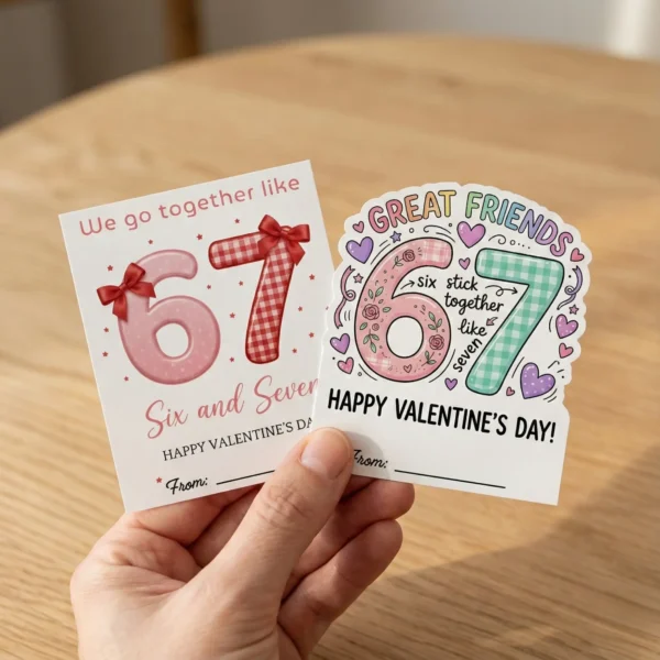 Hand holding two printable 67 Valentine's Day cards showing 3.5x4 inch size perfect for kids school friends.