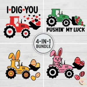 4-in-1 Holiday Tractor SVG Bundle for Valentine, St. Patrick's Day, and Easter designs.