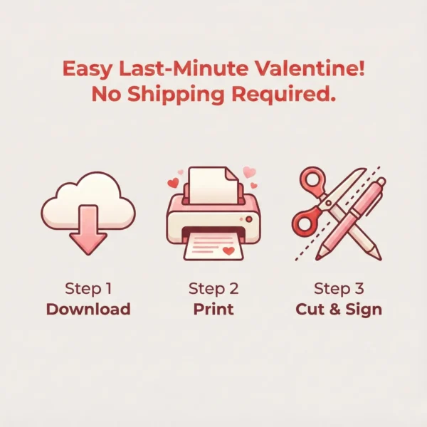 Infographic showing three easy steps to download print and cut last minute printable valentines for kids.