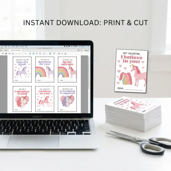 Laptop screen displaying open PDF file of unicorn valentines next to a stack of printed cards and scissors.