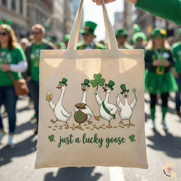 Canvas tote bag mockup featuring a marching parade of geese with leprechaun hats, beer, and gold coins, text reads Just a Lucky Goose.