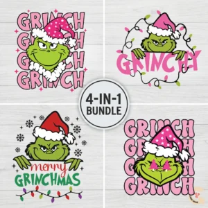 Pink and Classic Grinch SVG Bundle including Retro Pink, Preppy Face, Peeking Merry Grinchmas, and Grinchy Lights designs for Cricut.