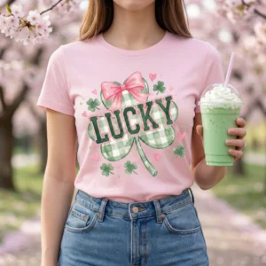 Close-up of a pink t-shirt with a checkered shamrock design, held by a woman with a green matcha shake in a park.