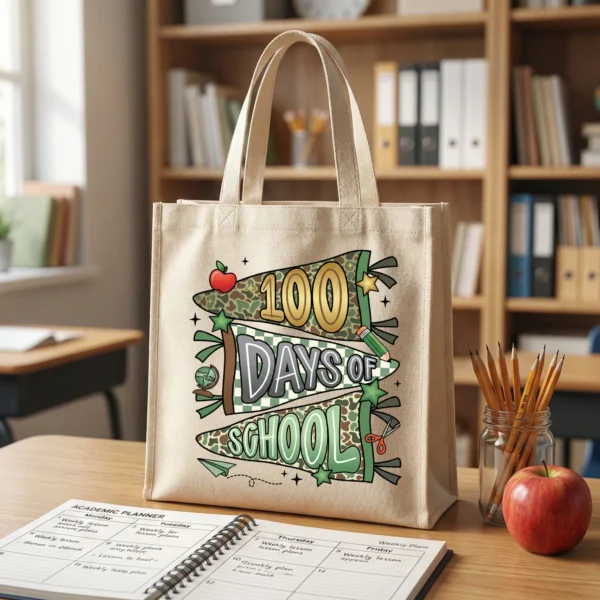 Close-up transparent PNG preppy camo 100 days of school design with pennants apple globe pencil scissors stars