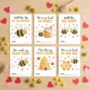 Printable Bee Valentine Cards PDF sheet showing 6 designs with trim lines on 8.5x11 paper.