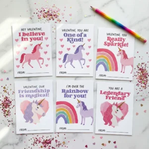 Flat lay of 6 printable unicorn valentine cards for kids arranged on marble with rainbow pencil and heart confetti.