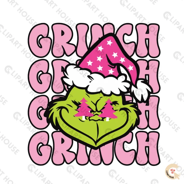 Retro Pink Grinch SVG with stacked wavy text and star hat for trendy Christmas hoodies.