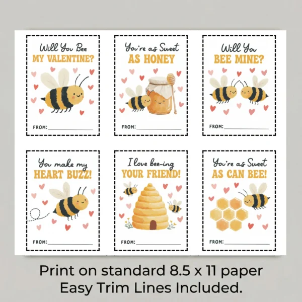 Hand holding a small Will You Bee My Valentine card to show 2.75x3.75 inch size.