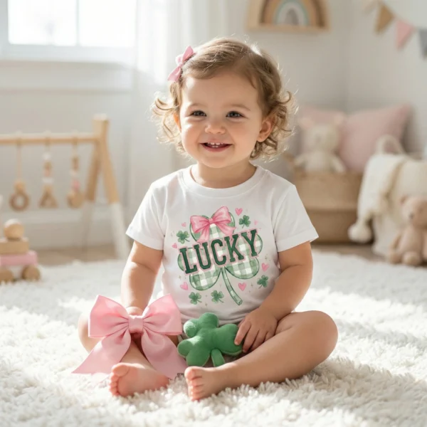 A cute toddler girl sitting on a white rug wearing a white t-shirt with a lucky checkered clover and pink ribbon design.