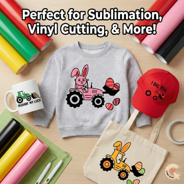 Tractor SVG designs on sweatshirt, mug, cap, and tote bag with vinyl crafting tools.