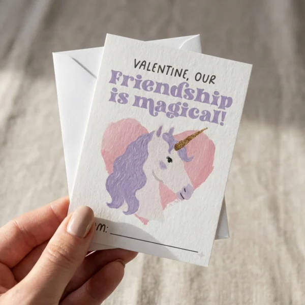 Hand holding a small 2.75 x 3.75 inch unicorn valentine card next to a white mini envelope.