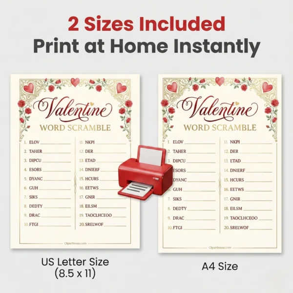 Digital download Valentine game includes US Letter and A4 sizes with printer icon.