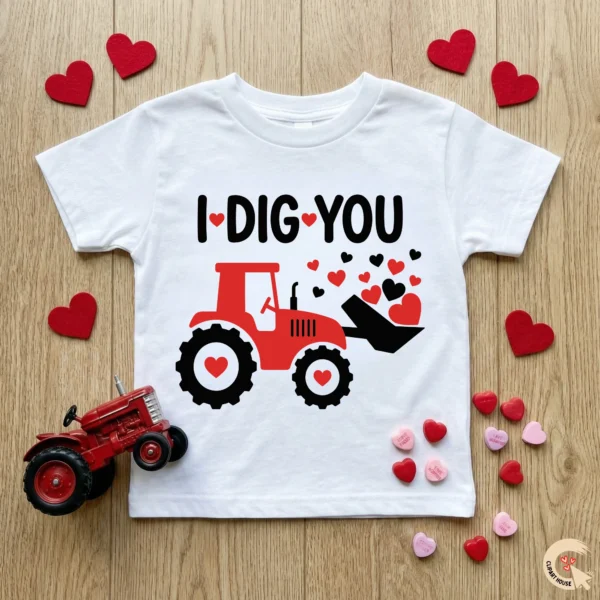 I Dig You Valentine Tractor SVG on white toddler t-shirt with toy tractor and heart candies.
