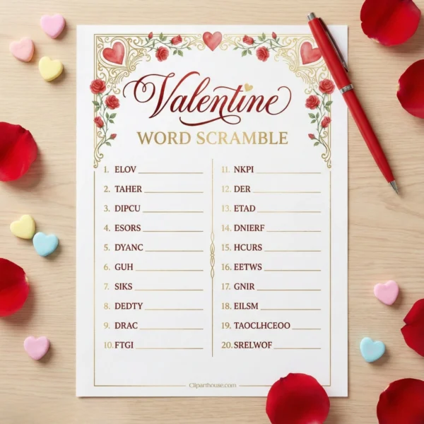 Printable Valentine Word Scramble game sheet on wooden table with red pen and candy hearts props.