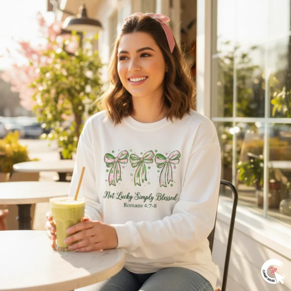Girl wearing a Not Lucky Simply Blessed white sweatshirt at a cafe holding a matcha latte.