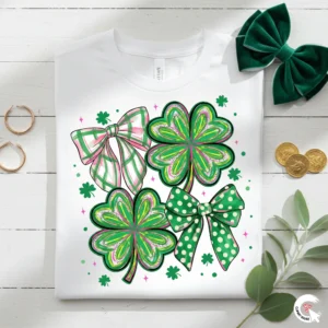 Flat lay of white t-shirt with coquette clover design, green velvet bow, and lucky gold coins on white wood.