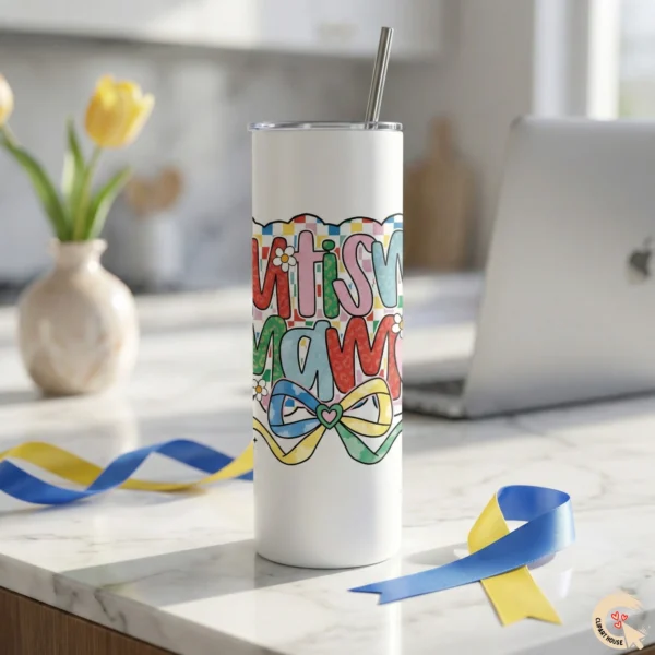 20oz skinny tumbler with Autism Mama wrap design and blue-yellow ribbons