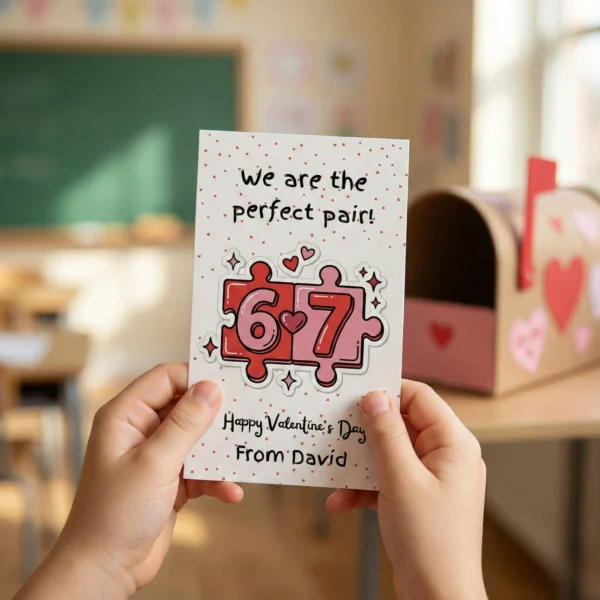 Close up of a child's hands holding a printed Valentine card with puzzle pieces that says We are the perfect pair in a classroom background.