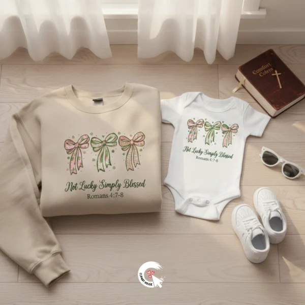 Matching adult sweatshirt and baby onesie with Not Lucky Simply Blessed bow design and a Bible.