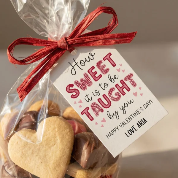Close up of homemade cookie treat bag tied with red ribbon and a rustic printable teacher Valentine tag.