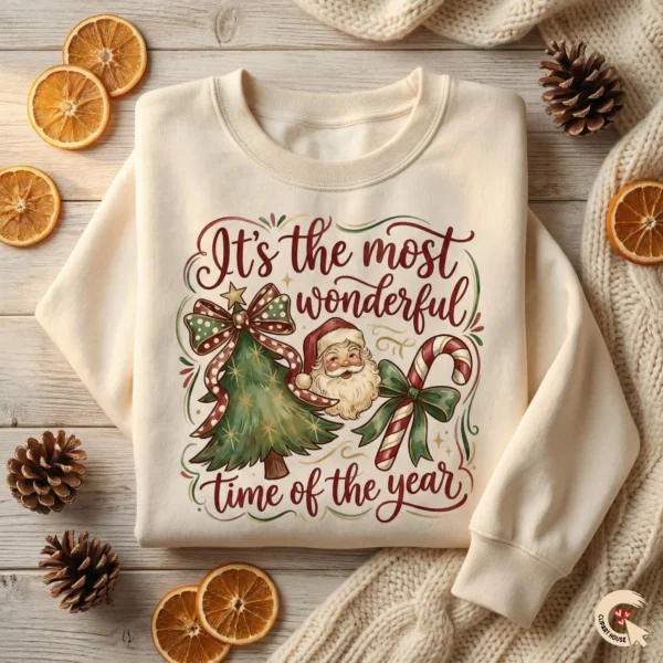 Cream-colored holiday sweatshirt mockup featuring a vintage watercolor Santa and Christmas tree design surrounded by dried oranges and pinecones.
