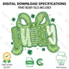 Technical specifications for Lucky Coquette Bow digital download showing 300 DPI, PNG format, and CMYK print-ready icons.