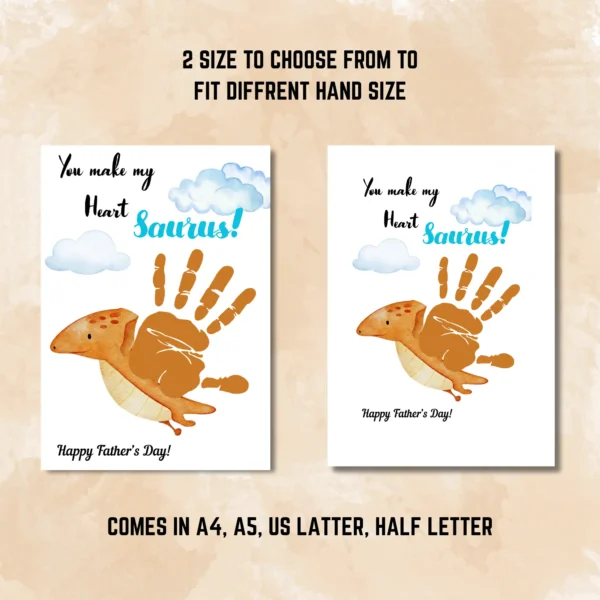 Size comparison for Dinosaur Handprint Art Father's Day templates showing A4, A5, US Letter, and Half Letter options.