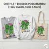 A matching set of three items: a grey t-shirt, a white crewneck sweatshirt, and a canvas tote bag, all printed with the same Lucky Teacher pencil sublimation design.
