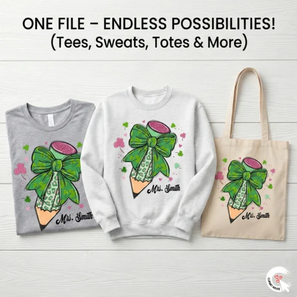 A matching set of three items: a grey t-shirt, a white crewneck sweatshirt, and a canvas tote bag, all printed with the same Lucky Teacher pencil sublimation design.