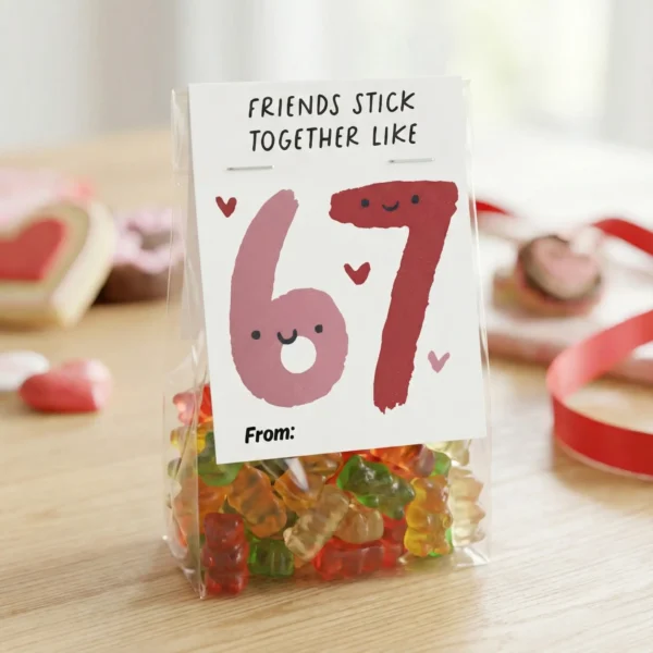 DIY Valentine treat bag topper using printable 67 slang cards stapled to a gummy bear candy bag.