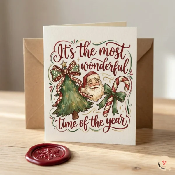 Premium Christmas greeting card mockup featuring a vintage watercolor Santa design and a red wax seal on a wooden table.