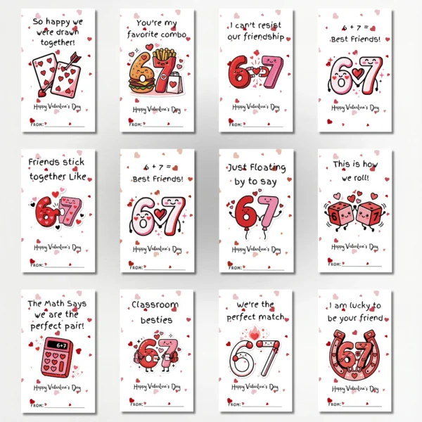Grid display of all 12 unique printable Valentine card designs including dice, calculator, magnets, and burger themes for kids.