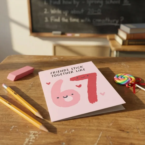 Cute Friends Stick Together like 6 & 7 valentine card on a school desk with pencils for student gift.