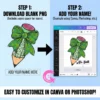 Step-by-step infographic showing how to upload the blank teacher pencil PNG to Canva and add a custom name like Mrs. Smith in a text box.